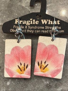 Fragile What Pink Floral Rectangle Drop Earrings